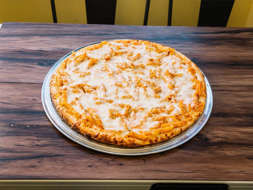 Baked Ziti Pizza · Mixed penne with sauce, cheese, ricotta and topped with melted mozzarella.