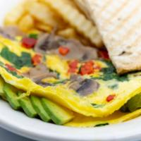 California Omelet · Served with choice of side and bread. Spinach, mushroom, roasted red pepper and avocado.