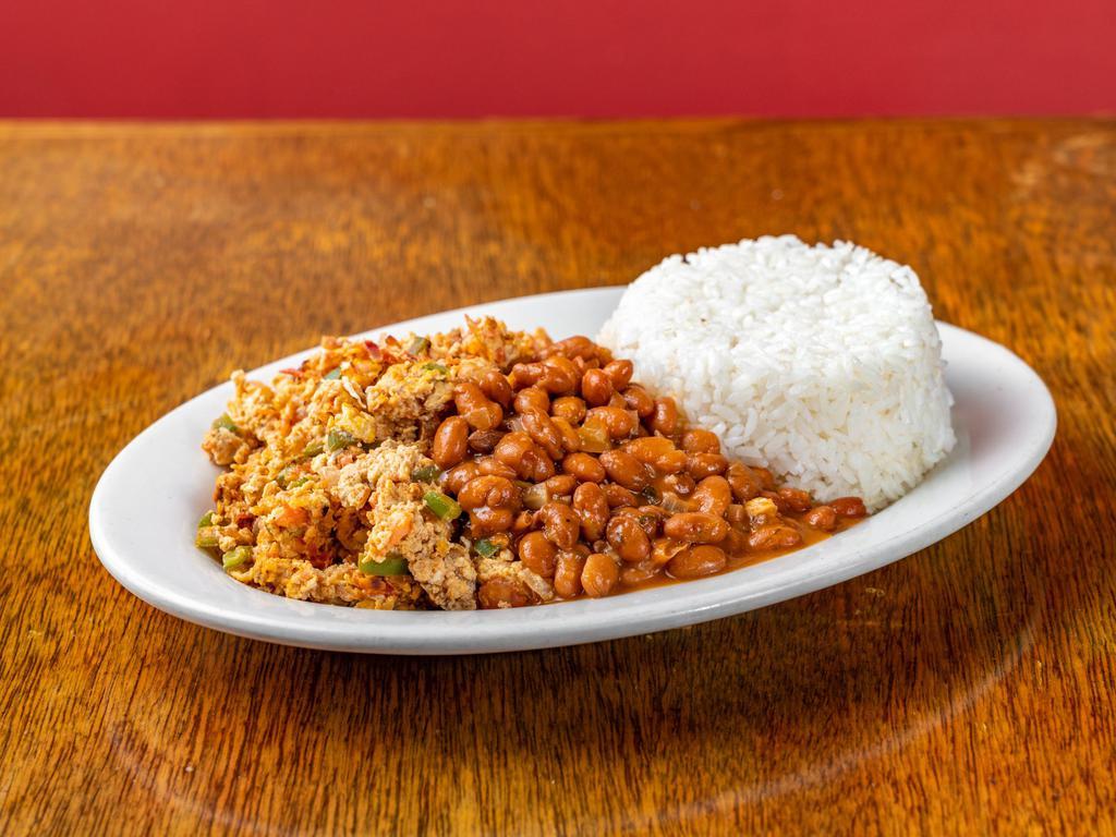 Huevos a la Mexicana · Scrambled eggs with tomato, onion and jalapeno, served with rice and beans.