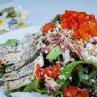 Country Salad · Grilled chicken, mixed greens, roasted red peppers, goat cheese, walnuts and smoked bacon wi...