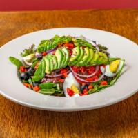 Avocado Salad · Avocado, tomato, onion, boiled egg, black olives, mixed greens in house dressing.