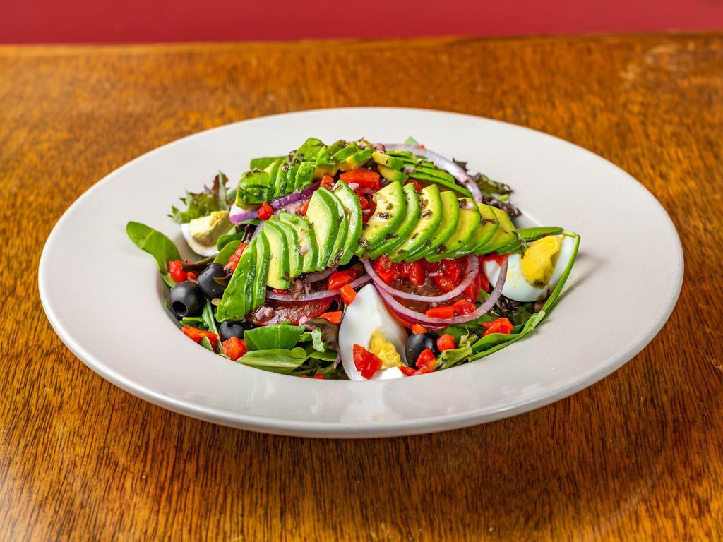 Avocado Salad · Avocado, tomato, onion, boiled egg, black olives, mixed greens in house dressing.
