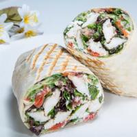 Country Wrap · Grilled chicken, roasted red peppers, goat cheese, walnuts, bacon with balsamic vinaigrette ...
