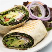 Avocado Goat Cheese Wrap · Avocado, goat cheese, tomato, onions, red pepper, spinach, walnuts and balsamic vinaigrette.