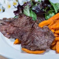 Steak Frites · Tender steak with choice of french fries or sweet potato fries and salad.
