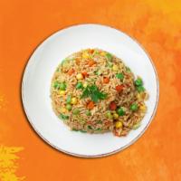 Famous Veggie Fried Rice · Fried rice with chopped broccoli, carrot, egg, peas, corn, onion, and garlic.
