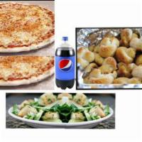 Family Feast #1 Special · 2 large pizzas, large salad, 2 liter Soda Coke and 6 garlic knots.