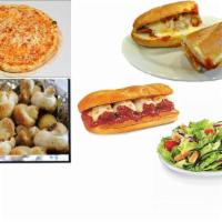 Family Feast #8 Special · Large pizza, meatball Parmesan hero, chicken cutlet Parmesan hero, large salad and 6 garlic ...