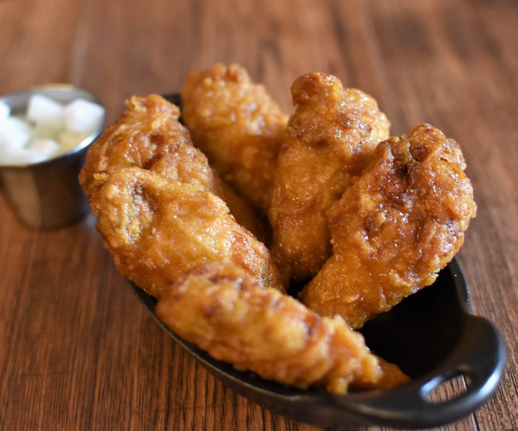 Organic Chicken Wings · 6 pieces. Choice of soy garlic, hot and spicy, citrus salt and pepper.