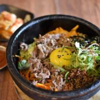 Bibimbap · five-grain purple rice with mix seasonal vegetables, with choice of protein.