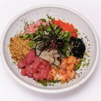 Sashimi Bibimbap · Cold. Salmon, tuna, caramelized kimchi, micro greens and pickled radish.