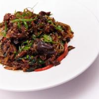 Beef Japchae · Vegetables with marinated beef. Sweet potato glass noodles.