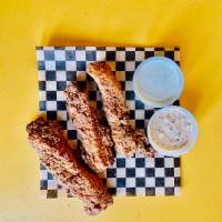BUTTERMILK FRIED CHICKEN STRIPS · Three boneless breast strips with ranch and remoulade sauces
