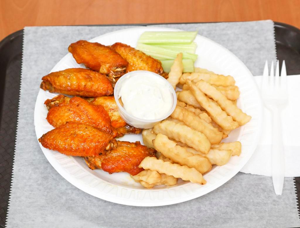 K6. 8 Piece Buffalo Chicken Wings with French Fries · Our specialty Buffalo chicken wings, served with blue cheese and celery sticks.