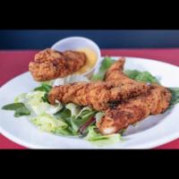 Chicken Fingers · 5 pieces. Served with BBQ or honey mustard sauce.
