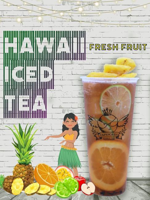 Hawaii Iced Tea · Tropical Fruit Flavor w. Black Tea, comes with Fresh Pineapple, Orange Slices, Lime in drink. (One Size only, Tapioca does not included)