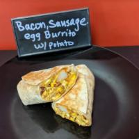 Meat Breakfast Burrito · Bacon, sausage, potato, egg, onion, green chillies, and cheese.