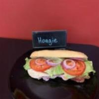 Club Hoagie · Ham, turkey, bacon, provolone, cheddar, lettuce, tomato and red onion on a hoagie bun. Mayon...