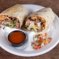 Bullrito · Rolled in a flour, cayaenne, spinach or whole wheat tortilla.
