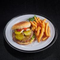 Old School Burger Deluxe · Lettuce, tomato, ketchup, mayo and pickles. Served with french fries