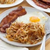 2 Hash Browns, Eggs, Sausage with Toast Platter · Fried shredded potatoes. Finely chopped or ground meat, often mixed with seasoning. Hot, bro...