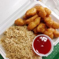C5. Sweet and Sour Chicken Combination Dinner · Served with pork fried rice and pork egg roll.