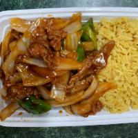 C6. Pepper Steak with Onion Combination Dinner · Served with pork fried rice and pork egg roll.