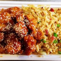 C14. Sesame Chicken Combination Dinner · Served with pork fried rice and pork egg roll.