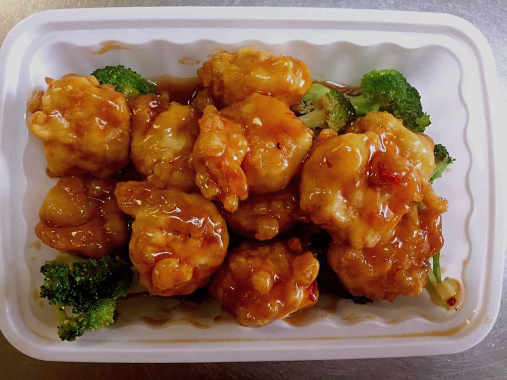 H19. General Tso's Shrimp · Served with white rice. Hot and spicy.