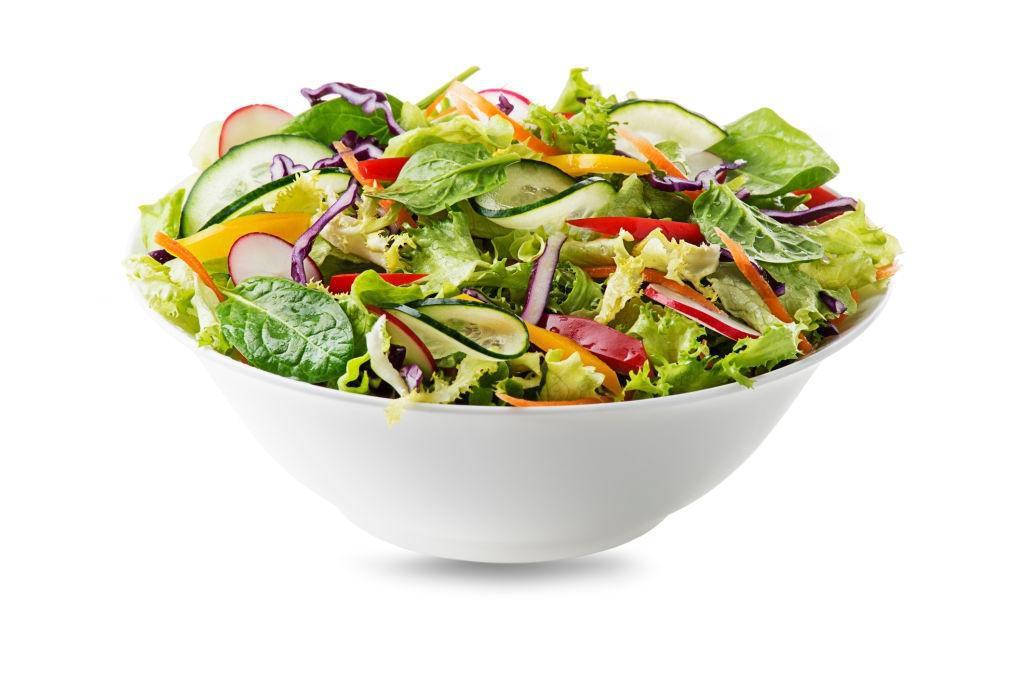 Garden Salad  · Lettuce, tomato, cucumber, carrots, red cabbage, and olives.