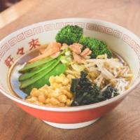 Vegetarian Miso Ramen · Vegetarian miso broth with seasonal vegetables, corn, crispy garlic and red pepper flakes