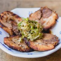 Charred Chashu (4 pcs) · Slow roasted pork belly w/ shichimi scallions