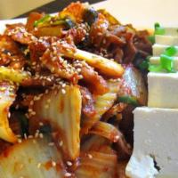 Tofu Kimchi Stirfry (두부김치) · Kimchi stir fried pork, served with steamed tofu.