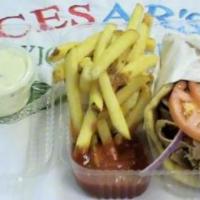 #64. Gyros Sandwich · Pita bread, beef, lamb, onions and tomatoes with a side of cucumber sauce. Add fries for an ...