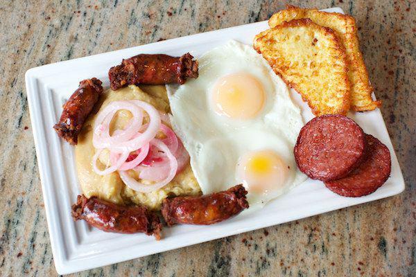 Mangu with 4 Golpes · Egg, cheese and salami and longaniza. (Let me know How do u like eggs)