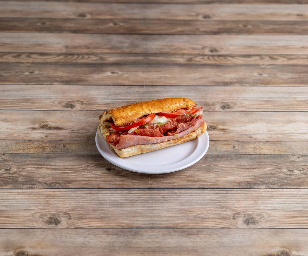 Italian Gladiator Sub · Our famous grinder plus ham, pepperoni, bacon and white American cheese added. Toasted and dressed with Lettuce, Onions, Tomatoes, Black Pepper, Oregano, and Oil & Vinegar Dressing.
