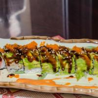 1. Dragon Roll · Eel roll with avocado and tobiko outside.