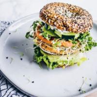 The Ultimate Veggie Bagel · Toasted Bagel, cream cheese, cucumber, avocado,  tomato, spinach