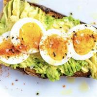 Toasted Bagel Avocado & Eggs · Plain Toasted bagel, avocados, hard boiled eggs & microgreens