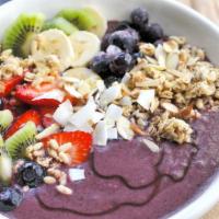 Aloha Acai Bowl · Blended organic acai, banana, blueberries and almond milk, topped with pineapple, pistachios...