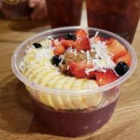 Gazija Power Acai Bowl · Blended organic acai, strawberries, blueberries, chocolate protein and almond milk, topped w...