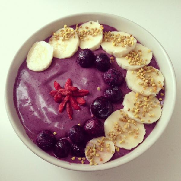 Almond Butter Acai Bowl · Blended acai, banana and almond milk, topped with granola, almond butter, coconut flakes, cacao and cinnamon.