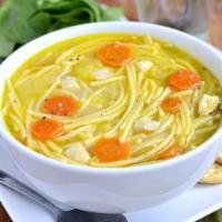 Classic Chicken Noodle Soup · 16 oz. cup.  Carrots, organic white chicken breast, celery, curly egg noodle pasta,and eggs.