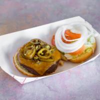 Jalapeno Cheese Burger · 1/4 lb. angus beef patty topped with melted pepper jack cheese and sliced jalapenos, lettuce...