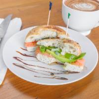 Smoked Salmon Bagel · Smoked bacon, Avocado, green onions, cream cheese, served on a bagel.