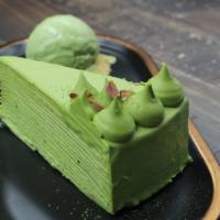 Matcha Mille Crepes Cake · 20 layers of luscious and creamy hand-made crepes and made fresh daily.