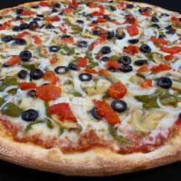 Veggie Pizza · Black olives, green peppers, onions and mushrooms.