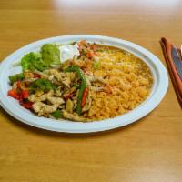 Fajita Meal · Chicken, steak or mix with grilled bell peppers and onions, side of rice and beans, lettuce,...