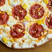 White Pepper · Pepperoni, pineapple, goat cheese, red onions, With a drizzle of habanero hot sauce.