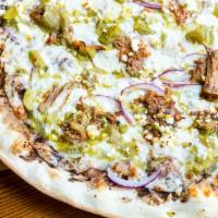El Dorado · Pulled pork, green chiles, red onions, feta, with a jalapeno-garlic sauce drizzle!